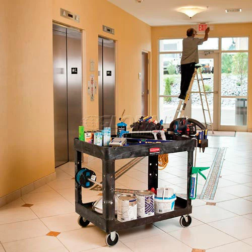 Coupon π Rubbermaid® Plastic Utility Cart w/2 Shelves, 750 lb. Capacity, 54"L x 25"W x 33"H, Black π - Image 15