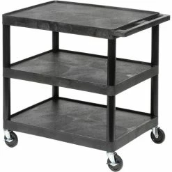 Cheapest 🌟 Luxor Plastic Utility Cart w/3 Shelves, 250 lb. Capacity, 24"L x 18"W x 34"H, Black ✔️