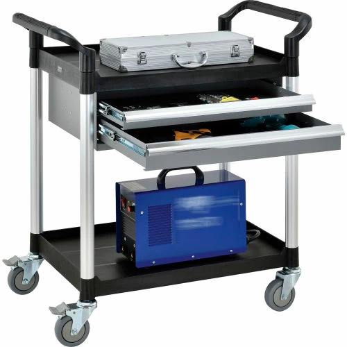 Hot Sale π Global Industrial Utility Cart, 2 Shelves, 2 Drawers, 440 lb. Cap, 26"L x 17"W x 37"H, Black π - Image 2