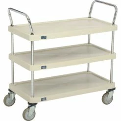 Deals π Nexel® Plastic Utility Cart w/3 Shelves & Poly Casters, 900 lb. Cap, 36"L x 18"W x 39"H, Tan π