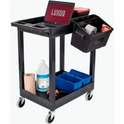 Best Sale 🔥 Luxor Plastic Utility Tub Cart, Two Shelves w/ Outrigging Utility Cart Bins, 24" x 18", Black ✨