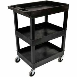 Outlet 🔥 Luxor Plastic Utility Tub Cart, 24" x 18", Three Shelf, Black w/ 5" Heavy Duty Casters, 500 Lbs Cap. 👏