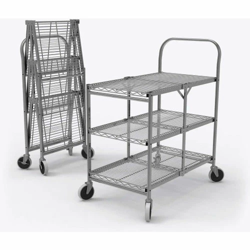Budget π Luxor Collapsible Wire Cart w/3 Shelves, 200 lb. Capacity, 33"L x 19"W x 39"H, Silver π - Image 2