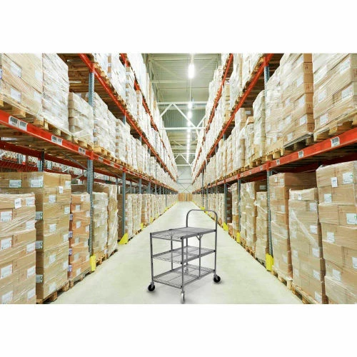 Coupon π Luxor Collapsible Wire Cart w/2 Shelves, 200 lb. Capacity, 33"L x 19"W x 39"H, Silver π - Image 4